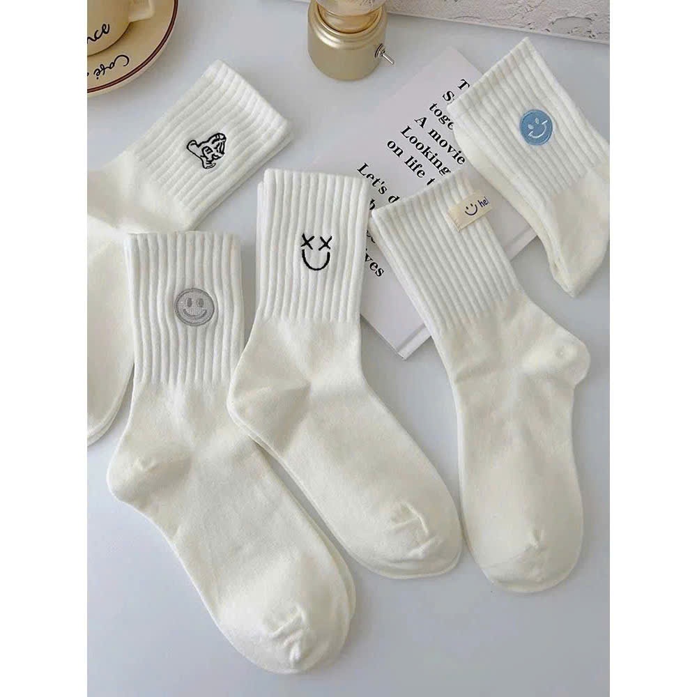 Set 5 Đôi Tất Nữ Cổ Cao Cotton Màu Trắng Hình Mặt Cười Phong Cách Hàn Quốc H9