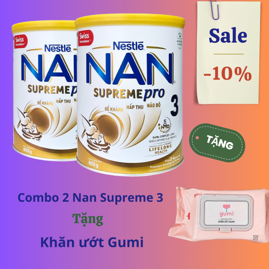 Sữa NAN SupremePro 3(800g)(Date xa 2026)  Combo 2 hộp tặng Khăn Ướt Gumi