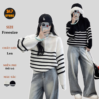 Áo Len Sweater Cổ Lọ Dáng Rộng Họa Tiết Kẻ Sọc 247store - Aolen115