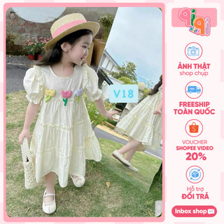 Váy Bé Gái Đuôi Cá Họa Tiết 3 Bông Hoa Trên Ngực Áo Cho Bé từ 1 đến 10 tuổi Qiqi V18