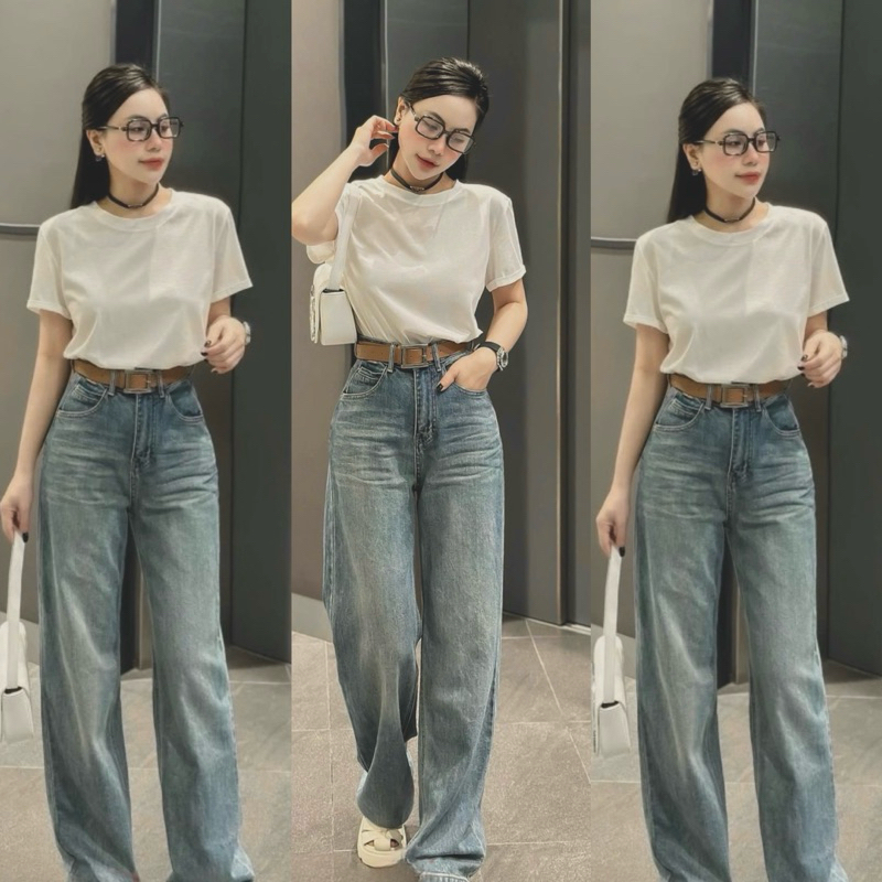 (S-2Xl) HHCHOU  Quần Jeans Suông Rộng Màu Lạ vảo Qc Mềm H3242
