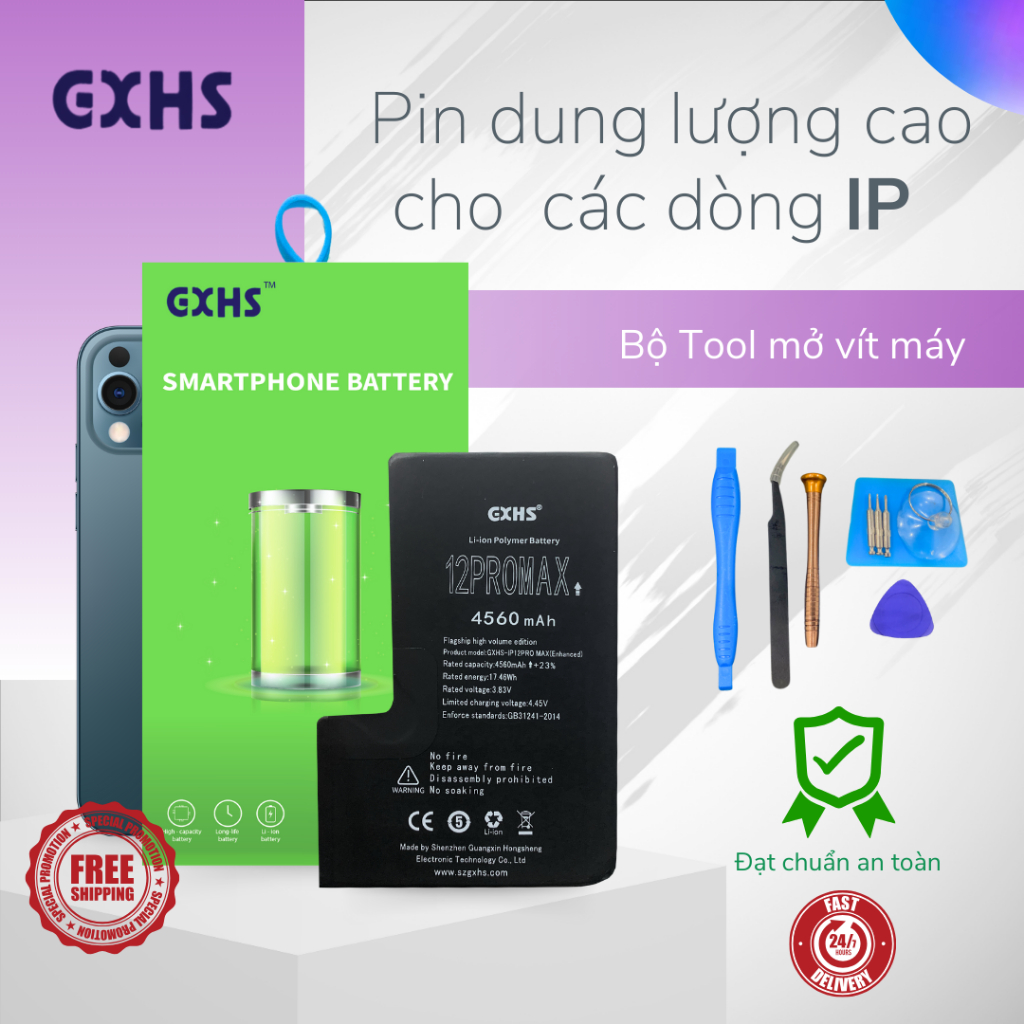 Pin dung lượng cao GXHS thay thế cho lphone6/7/8/X/SE/11/12/13/14/Plus/Pr/PrM, bảo hành 12 tháng tặng bộ tool tháo lắp