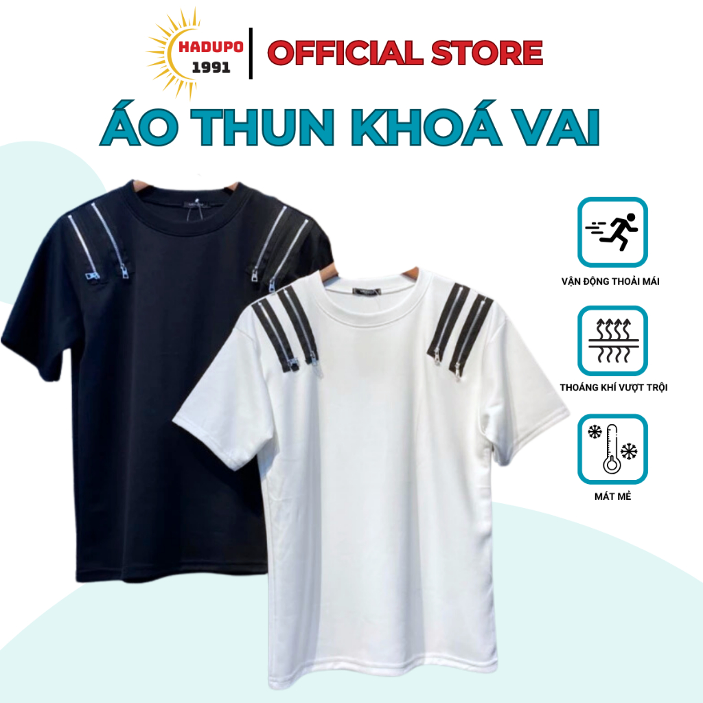 Áo phông nam nữ cổ tròn có khóa vai, áo thun chất liệu Menswear Cotton poly co giãn 4 chiều