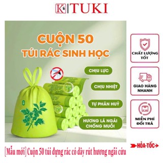 [Mẫu mới] Cuộn 50 túi đựng rác hương ngãi cứu xua đuổi côn trùng, có dây rút, tự hủy sinh học - siêu dai, tiện dụng