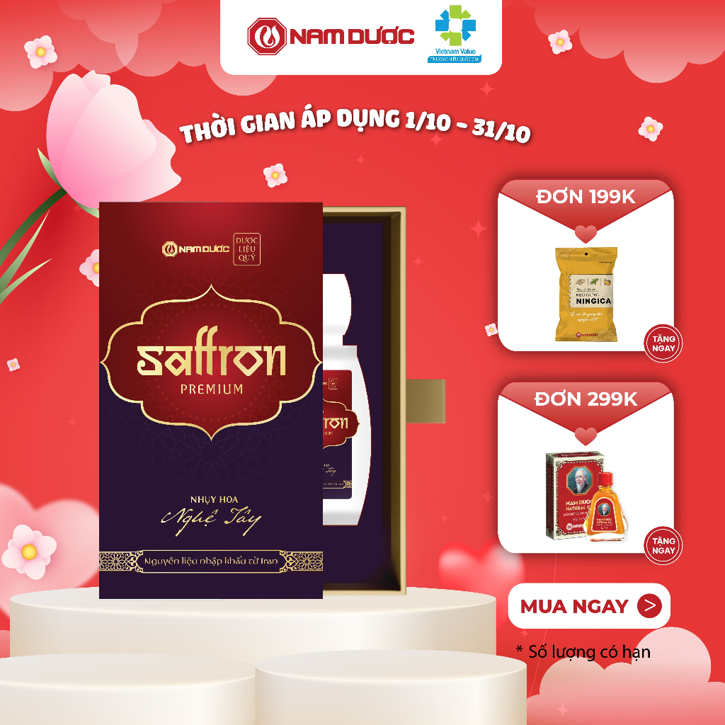Saffron Premium Nam Dược, hộp 1g, Nhụy hoa nghệ tây nhập khẩu Iran, làm đẹp da, chống lão hóa, ngủ ngon