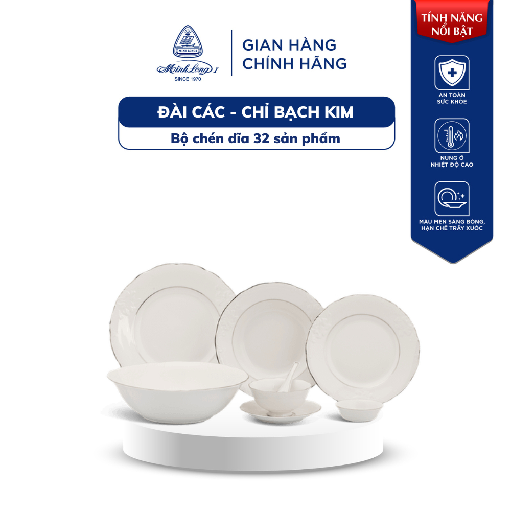 Bộ Chén Dĩa, Bộ Bát Dĩa Sứ Cao Cấp Minh Long 32 Sản Phẩm - Đài Các - Chỉ Bạch Kim
