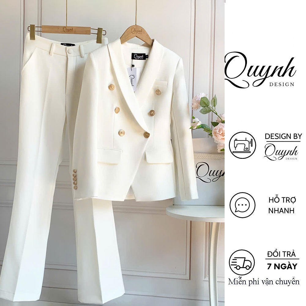 Set vest nữ blazer công sở QUYNH DESIGN cao cấp thiết kế áo chiết eo dài tay quần ống loe màu trắng