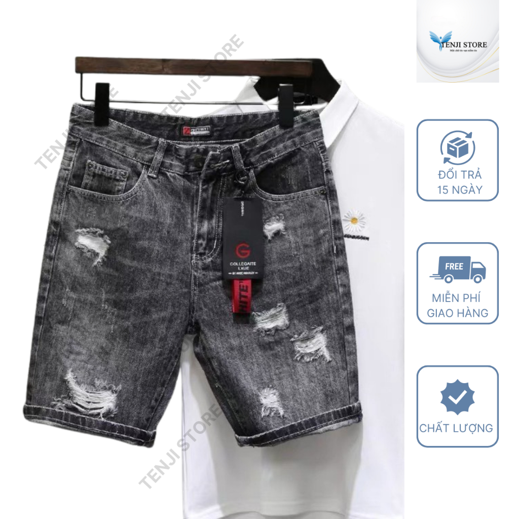 Quần short đùi jean nam xám rách gối chất bò co dãn 4 chiều, quần đùi bò nam Tenji
