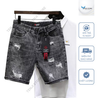 Quần short đùi jean nam xám rách gối chất bò co dãn 4 chiều, quần đùi bò nam Tenji