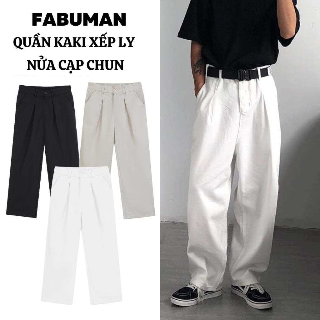Quần Ống Rộng Nam Nữ Lưng cao KAKI Xếp Ly Cạp Cao Mix Cạp Nửa Chun FABUMAN Phong Cách Hàn Quốc Trẻ Trung