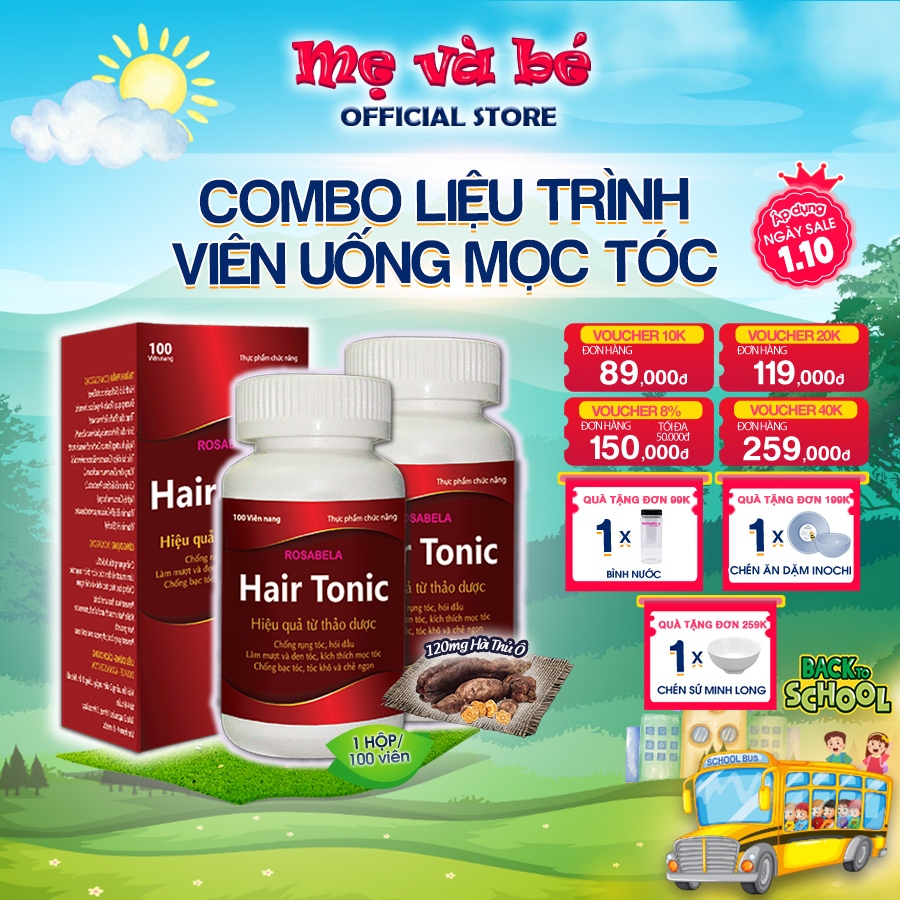 Combo 2 hộp viên uống mọc tóc Hairtonic, giảm rụng, kích thích mọc tóc, chống rụng, làm mượt và đen tóc (100 viên nang)