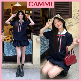 [Loại đẹp có đệm-Tặng nơ] Set Bộ Váy CAMMI Áo Sơ Mi Cổ Sen CHILY Kèm Tag Nơ viền kẻ sọc mix chân váy bí siêu xinh HB750