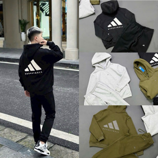 Bộ đồ nam dài tay thu đông Das áo hoodie mũ nỉ bông 2 lớp in logo 3 sọc Basketball cao su hai mặt BD46P