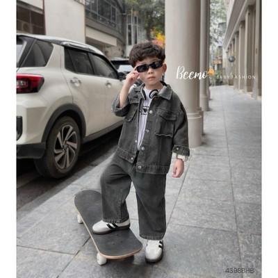 Set bộ jean dài tay Beemo FORM TO streetwear vải jean cho bé trai từ 9-24kg 4398BDB