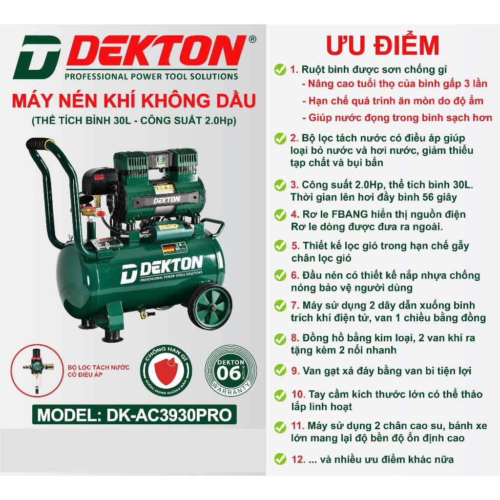 Máy Nén Khí Không Dầu DEKTON DK-AC3930PRO Trong Bình Có Sơn Lớp Chống Rỉ