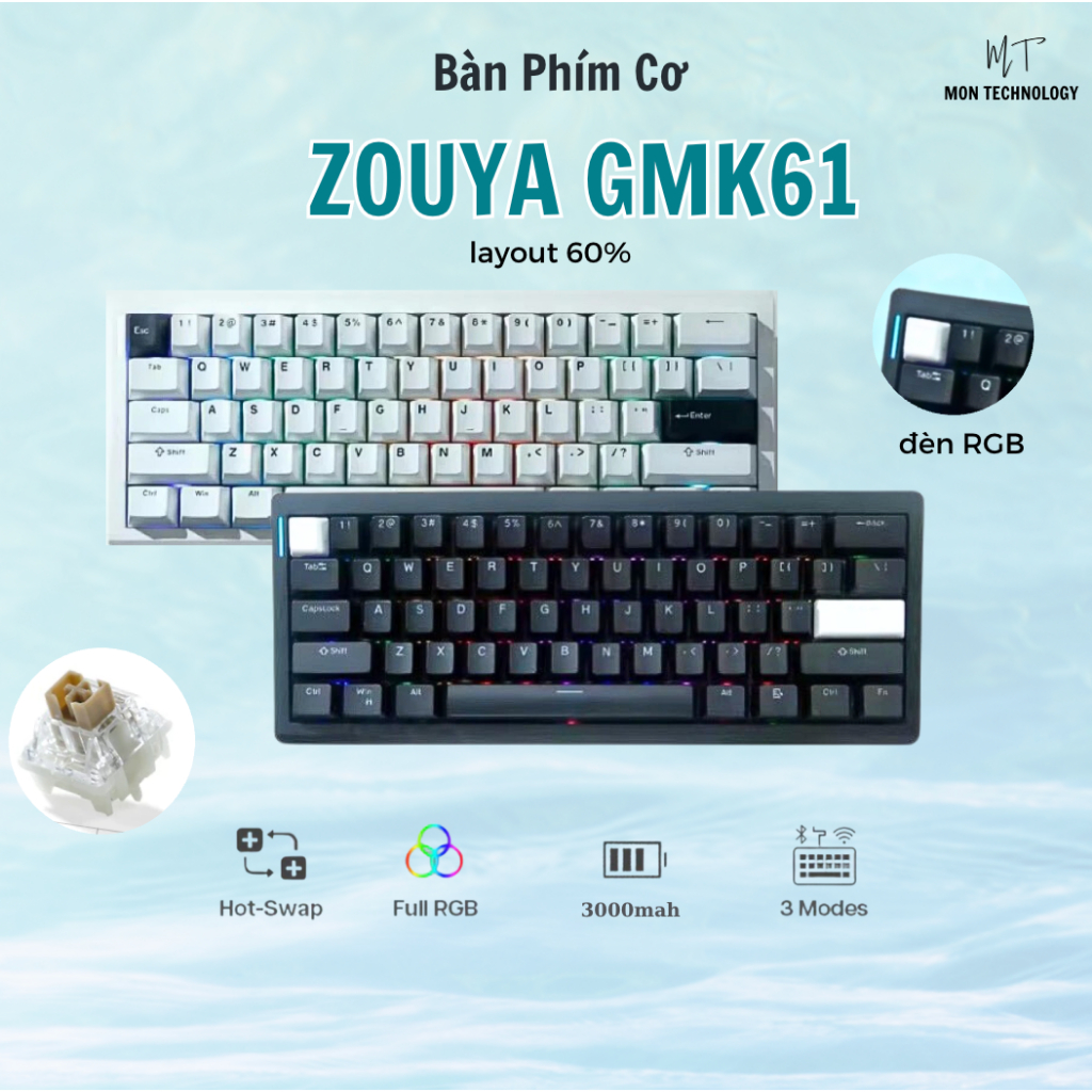 [Sẵn Hàng] Bàn phím cơ GMK61 3 Mode | Gasket mout | PCB 1.5mm | Non Flex-cut Led RGB | Keymapn