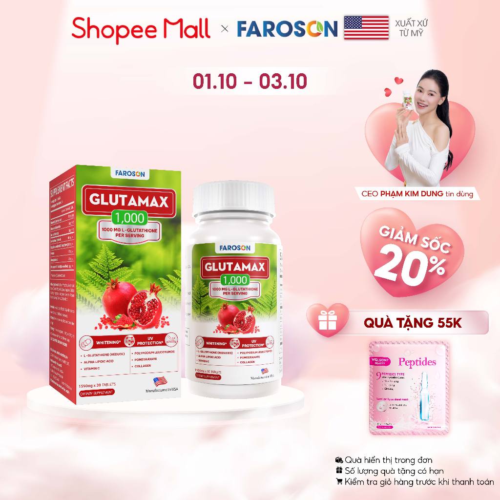 Viên uống trắng da glutathione Faroson Glutamax 1000 đều màu da mờ thâm nám chống nắng 30 viên/hộp