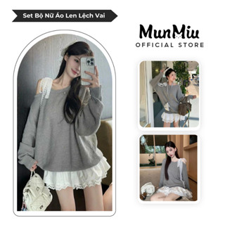 Set áo len lệch vai MunMiu kèm chân váy dáng xòe phối ren tiểu thư dễ thương Hàn Quốc 142