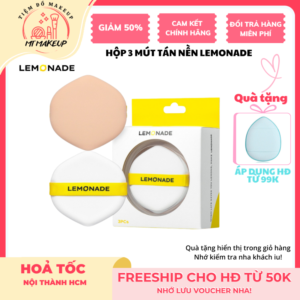 Hộp 3 mút đánh phấn LEMONADE Bông mềm mịn giúp lớp nền lỳ | Tiệm Đồ Makeup