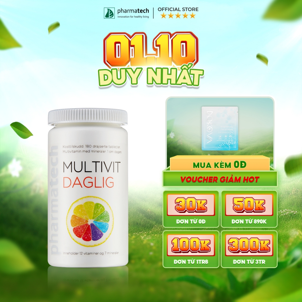 Viên Uống Bổ Sung 12 Loại Vitamin Và 7 Loại Khoáng Chất MULTIVIT DAGLIG lọ 180 Viên Dùng Được 6 Tháng