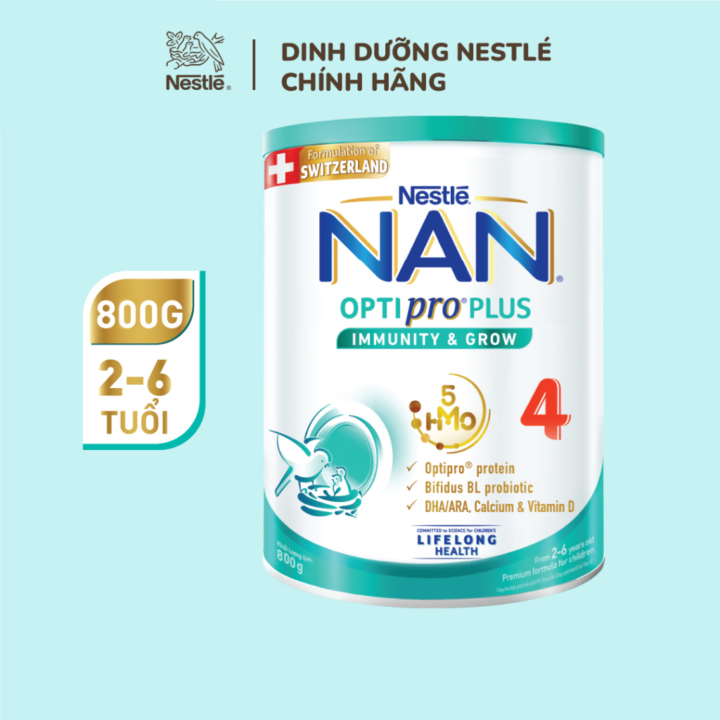 Sữa bột Nestlé NAN OPTIPRO PLUS 4 800g Cho Trẻ 2-6 Tuổi Chứa 5HMO Và Đạm OPTIPRO Giúp Tiêu Hóa Tốt, Tăng Đề Kháng