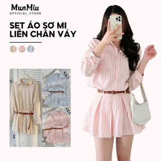 Set áo váy sơ mi kẻ dài tay MunMiu chân váy xếp ly dáng xòe kèm đai tiểu thư nàng thơ 1932