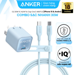 Combo Sạc Nhanh ANKER 30W [Củ 30W 1C A2147 & Cáp CtoC A80F1/A80F2] cho Android & iPhone 15/16 series