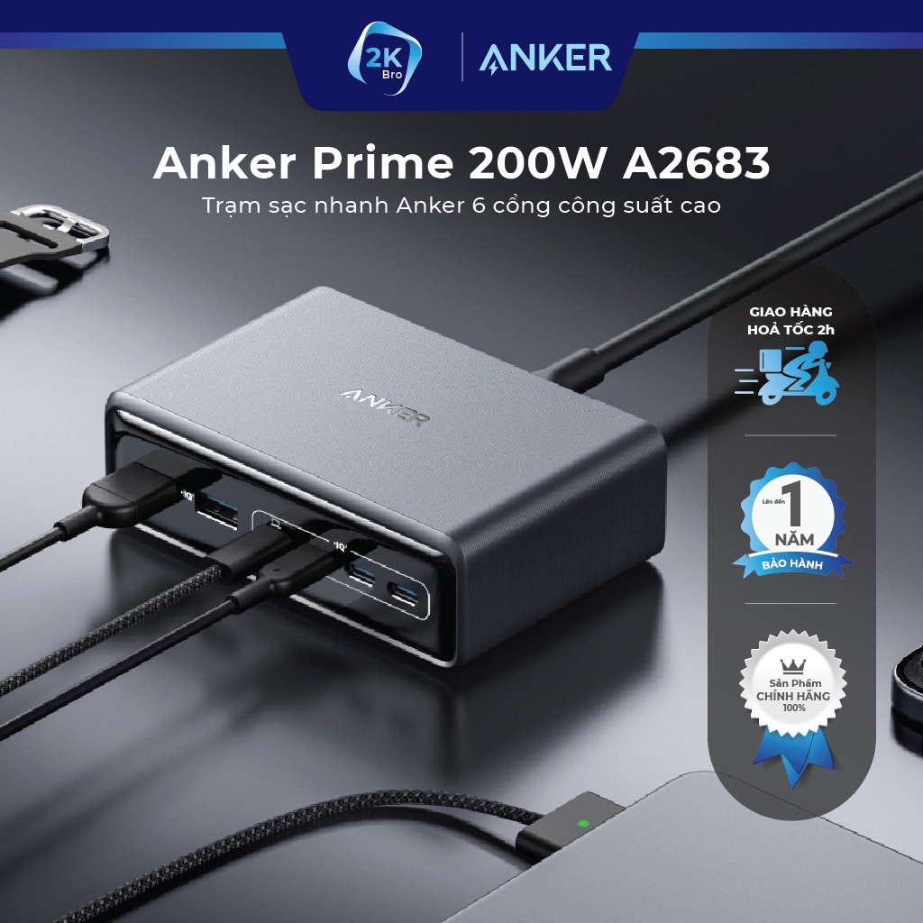 Trạm sạc Anker Prime 200W A2683 GaN 6 cổng 4C2A để bàn làm việc