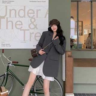   Sẵn  Áo Blazer Nữ Dáng Dài Áo Vest Nữ Blazer Dáng Rộng Màu Xám Phong Cách Retro Áo Khoác Vest Nữ Kiểu Hàn Quốc AZ1073 