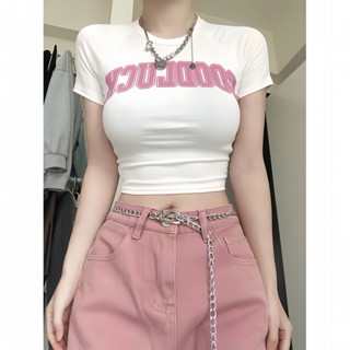 Áo Thun Croptop Goodluck Chữ Hồng Ôm Body TUANLE CLOTHING Phong Cách Đơn Giản Dễ Thương