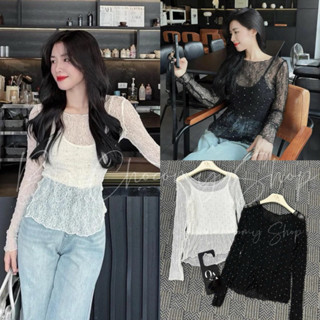 Áo thun giấy lưới ren dài tay xuyên thấu ôm body đính đá sexy- ChocomyShop