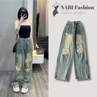 Quần Jean Ống Suông Nữ NABI Fashion Rách Gối Cá Tính Đủ Size S M L Quần Bò Ống Rộng Ôm Eo Hack Dáng Che Khuyết Điểm