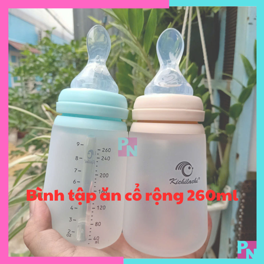  Bình tập ăn cổ rộng 260ml cho bé bình tập ăn dặm silicone muỗng thìa silicon bóp mềm  Không BPA BPS  