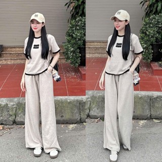 Set bộ nữ áo len lông thỏ ngắn tay kèm quần suông ống rộng thu đông bộ mặc nhà