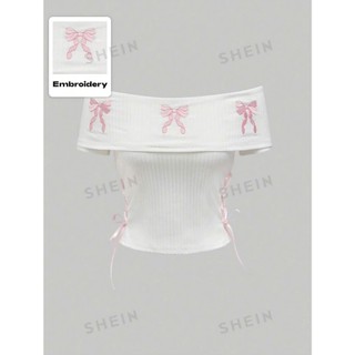 ( HÀNG CÓ SẴN - NÊN MUA LÙI 1 SIZE SO VỚI THƯỜNG MẶC - SHEIN ) MOTU TOP - Áo croptop trễ vai thêu nơ dễ thương Y2K