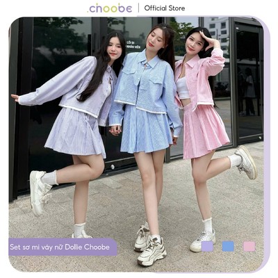 Set bộ áo sơ mi kèm chân váy Choobe dáng rộng hoạ tiết kẻ sọc phong cách Hàn Quốc ASM10+ CSM10