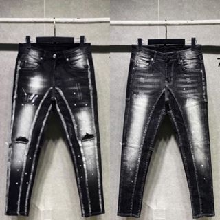 Quần jean nam DSQ Đen 2 dáy rách xước gối phối vẩy sơn phong cách thời trang cao cấp