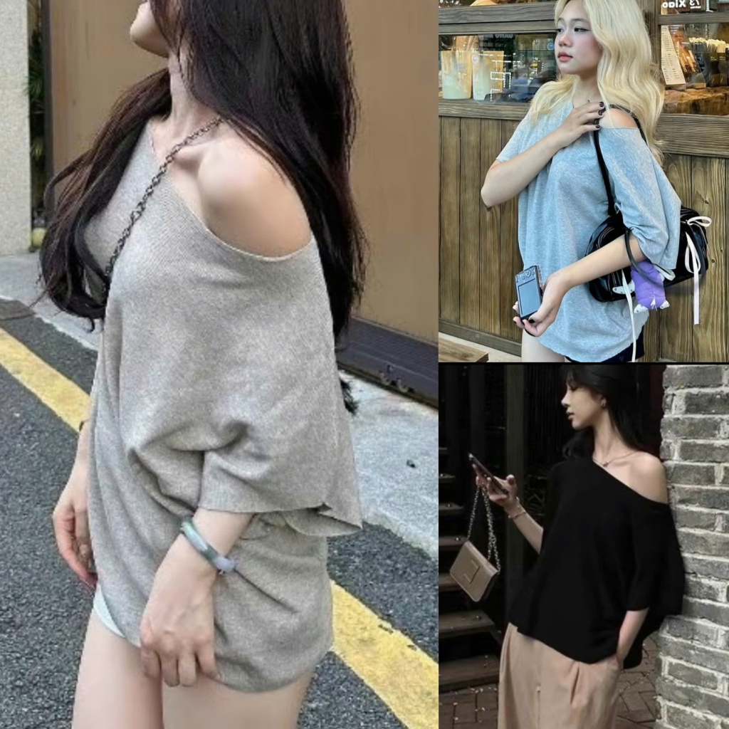 Áo Thun Lệch Vai Phối Màu Unisex Nam Nữ Form Rộng Ulzzang