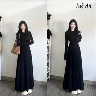 Váy dài màu đen trơn ôm eo thon tôn dáng body cổ tròn,đầm tay dài nữ tính Cao Cấp mùa Thu hàng Q C [Mã TA018]