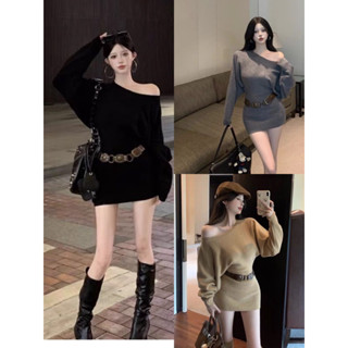  Váy lệch vai 1 bên tay dài len nữ sang chảnh  có sẵn   QC chất liệu len dày dặn Yame clothing tặng Kèm Dây lưng Y1376 