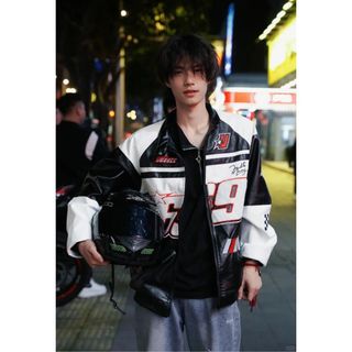   Xả kho  Áo Khoác Da Nam Racing Jacket Họa Tiết Thêu Nổi Phối Màu Đen Trắng Phong Cách Đường Phố 