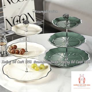 Khay Kệ 3 Tầng Lá Sen Xanh Trắng Viền Bạc Đựng Bánh Kẹo Trang Trí Nhà Cửa, Decor Bàn Tiệc, Gia Tiên