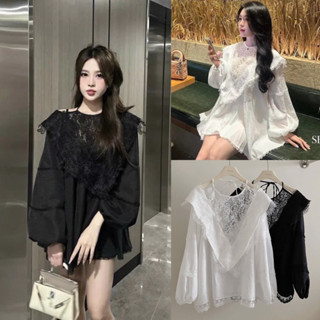 (Hàng loại 1) Áo váy giấu quần cổ vạt mix ren dáng babydoll xoè tay phông tiểu thư xinh xắn