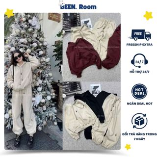 Bộ nỉ nữ có mũ chất vải nỉ bông 2 lớp cao cấp, Set đồ nữ trơn áo hoodie và quần trẻ trung Been