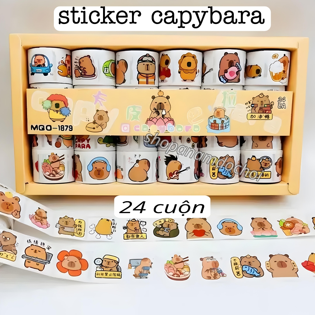 Khay 24 cuộn sticker capybara chuột lang nước , nhãn dán capybara bán tại shopanamdochoi.com