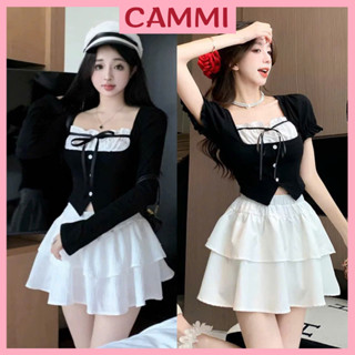 Set váy áo tăm phối bèo trắng cột dây nơ + chân váy ngắn xòe tầng bánh bèo tiểu thư HB960