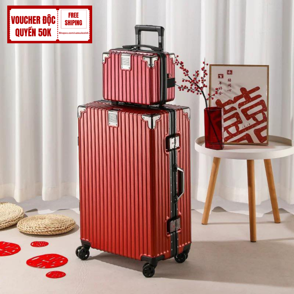 Vali du lịch cao cấp khung nhôm, đầy đủ kích thước, có khay đựng cốc - Vali kéo thời trang