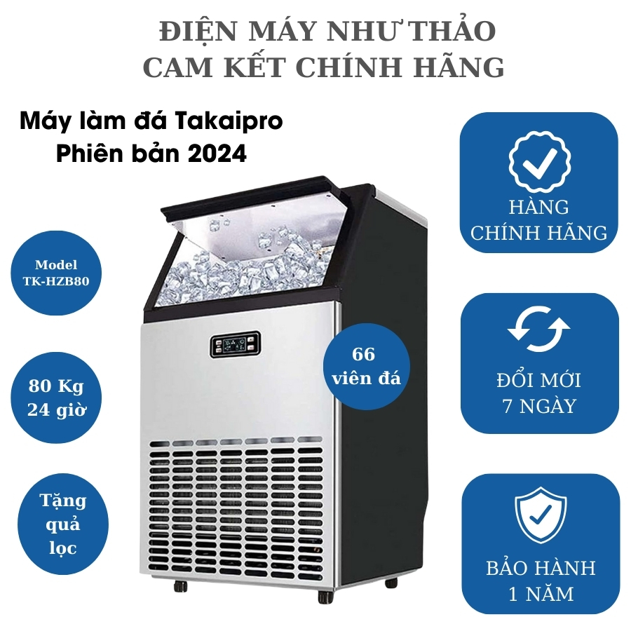 (Bản 2026) Máy làm đá viên TAKAIPRO HZB-80 80 kg/24 giờ- 66 viên đá không phải 55v/lần - làm đá siêu nhanh từ 20 phút