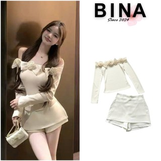Set áo len tăm trắng trễ vai dài tay đính hoa kèm chân váy dạ ngắn kèm lót quần, Bộ váy trắng nữ ngắn rời áo len tăm ôm