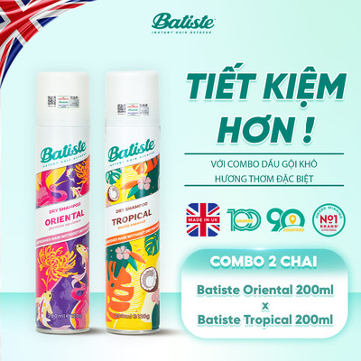 [MUA 2 TẶNG 1] 2 Chai Dầu Gội Khô Batiste 200ML Tặng 1 Lược Chải Làm Phồng Tóc (Oriental & Tropical 200ml)